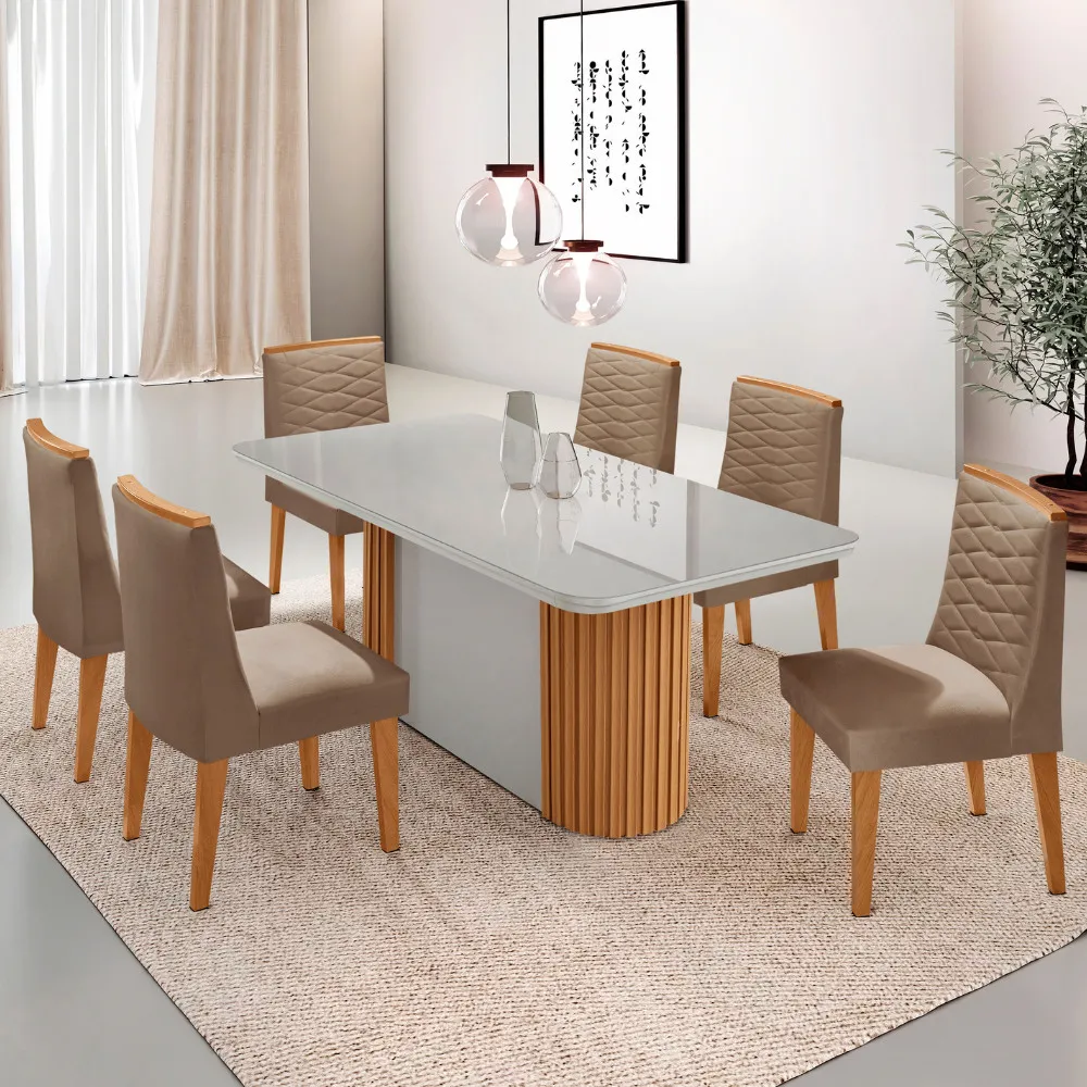 Aspen 180cm Tampo MDF Vidro Canto Copo com 6 Cadeiras Eloise Moderna Mobília