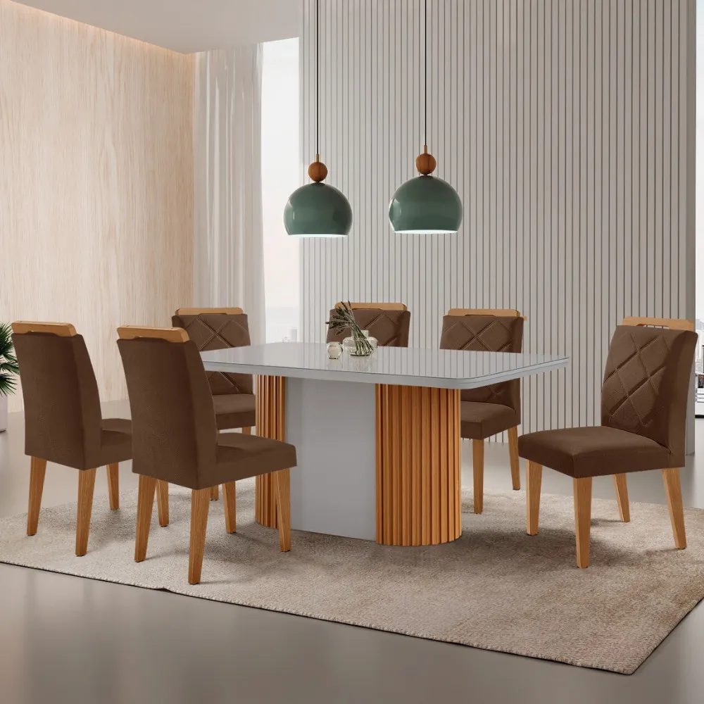 Aspen 180cm Tampo MDF Vidro Canto Copo e 6 Cadeiras Melissa Moderna Mobília