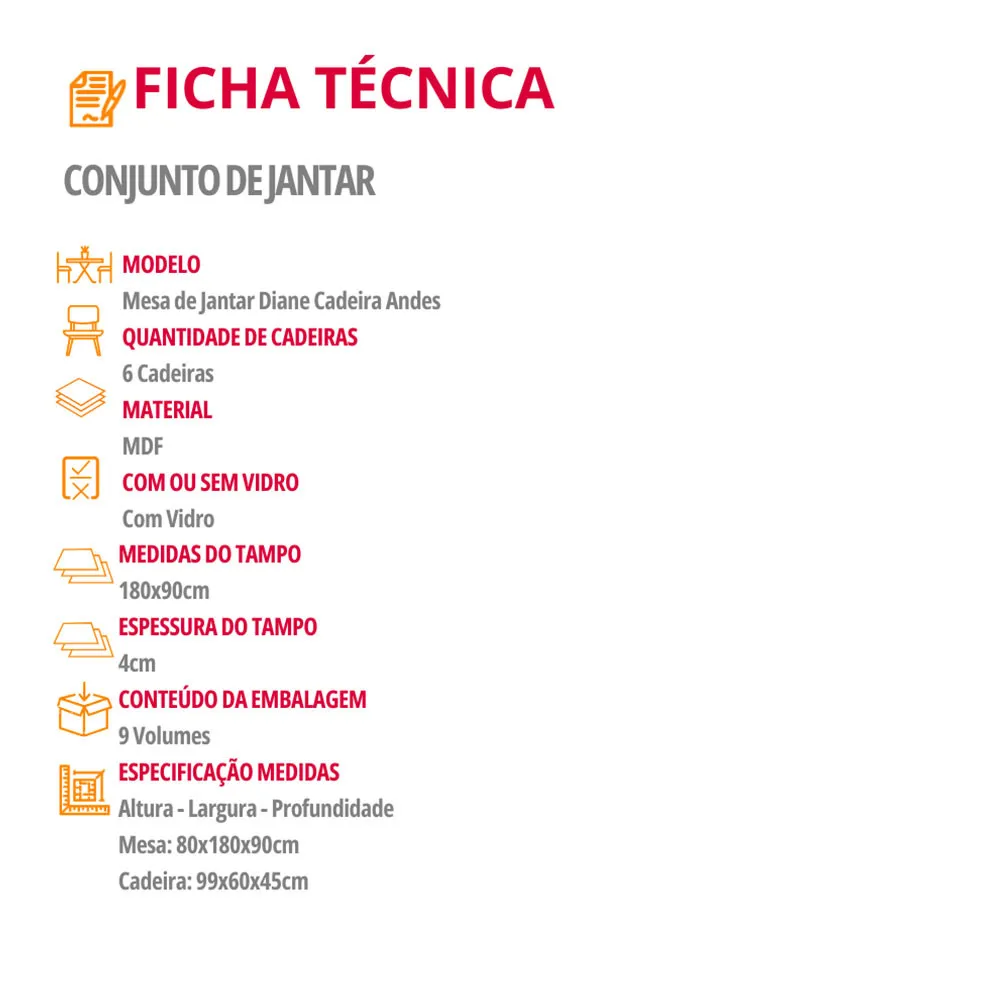 Diane 180cm Tampo MDF Com Vidro com 6 Cadeiras Andes Moderna Mobília - imagem 4
