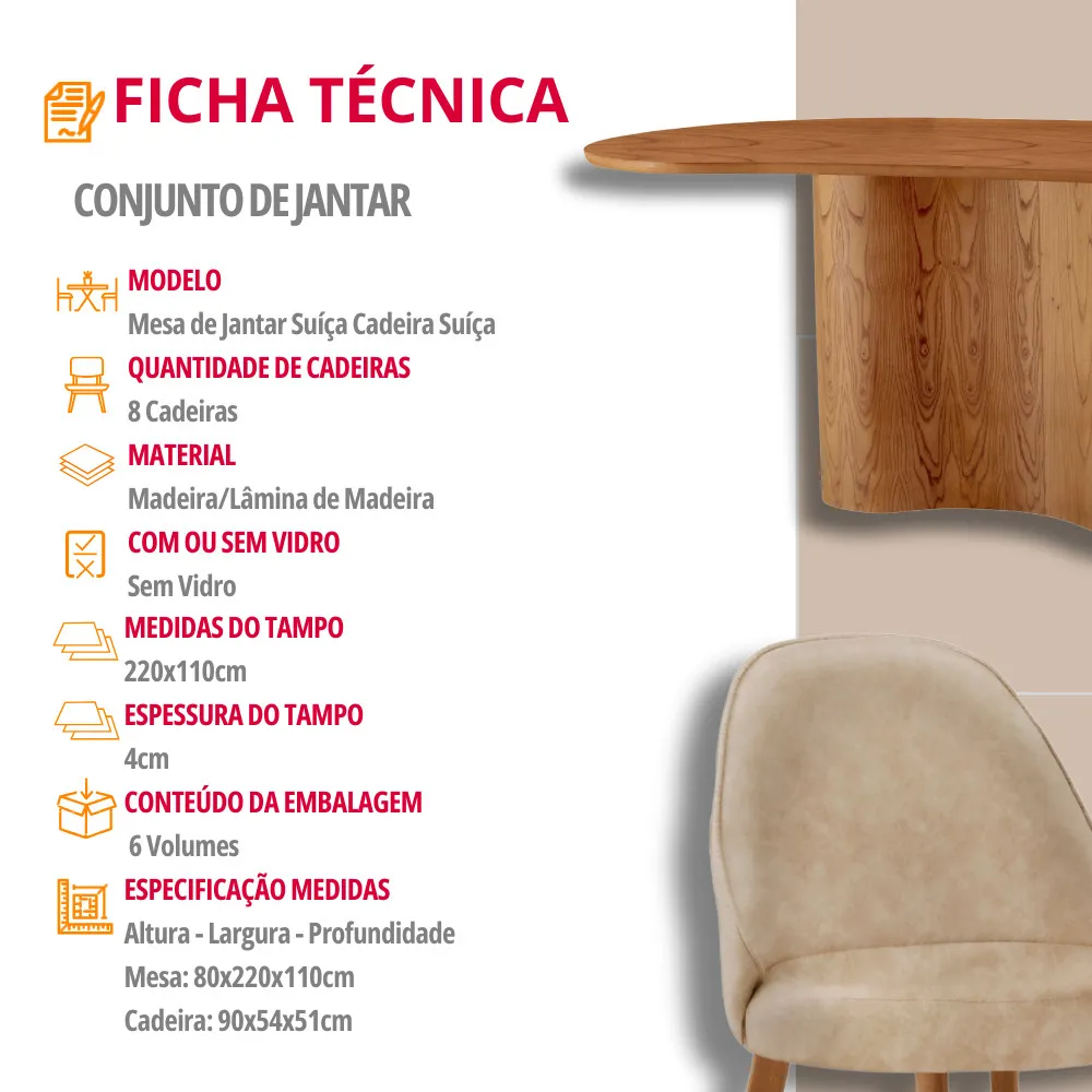 Suiça 220cm Madeira Tampo Laminado Orgânico com 8 cadeiras Suiça - imagem 5