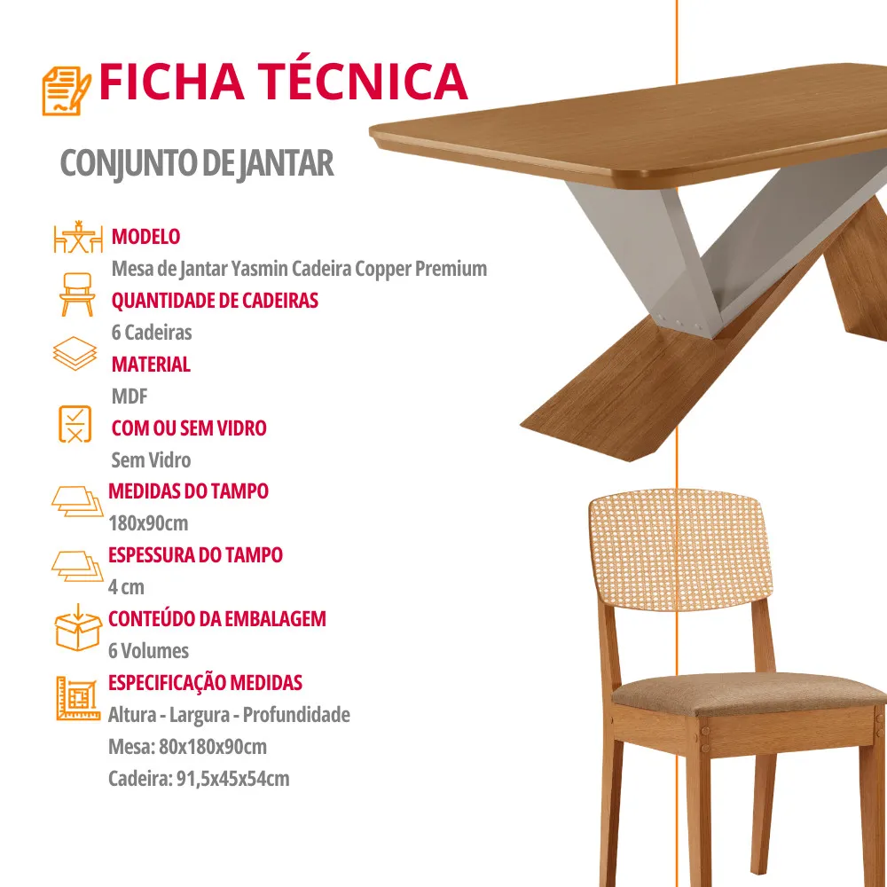 Yasmin 180 Tampo MDF Laminado Canto Copo e 6 Cadeiras Copper Premium - imagem 6
