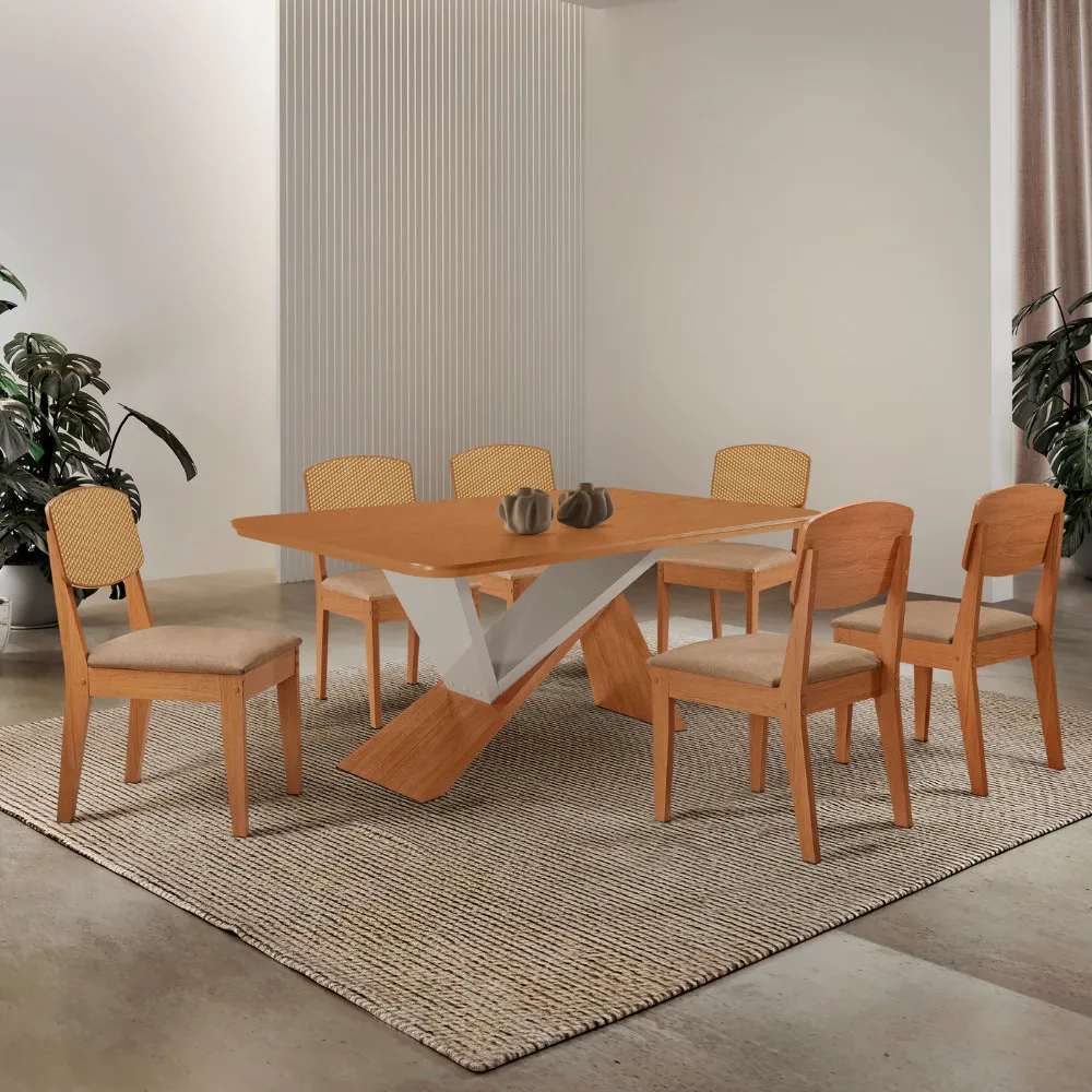 Yasmin 180 Tampo MDF Laminado Canto Copo e 6 Cadeiras Copper Premium
