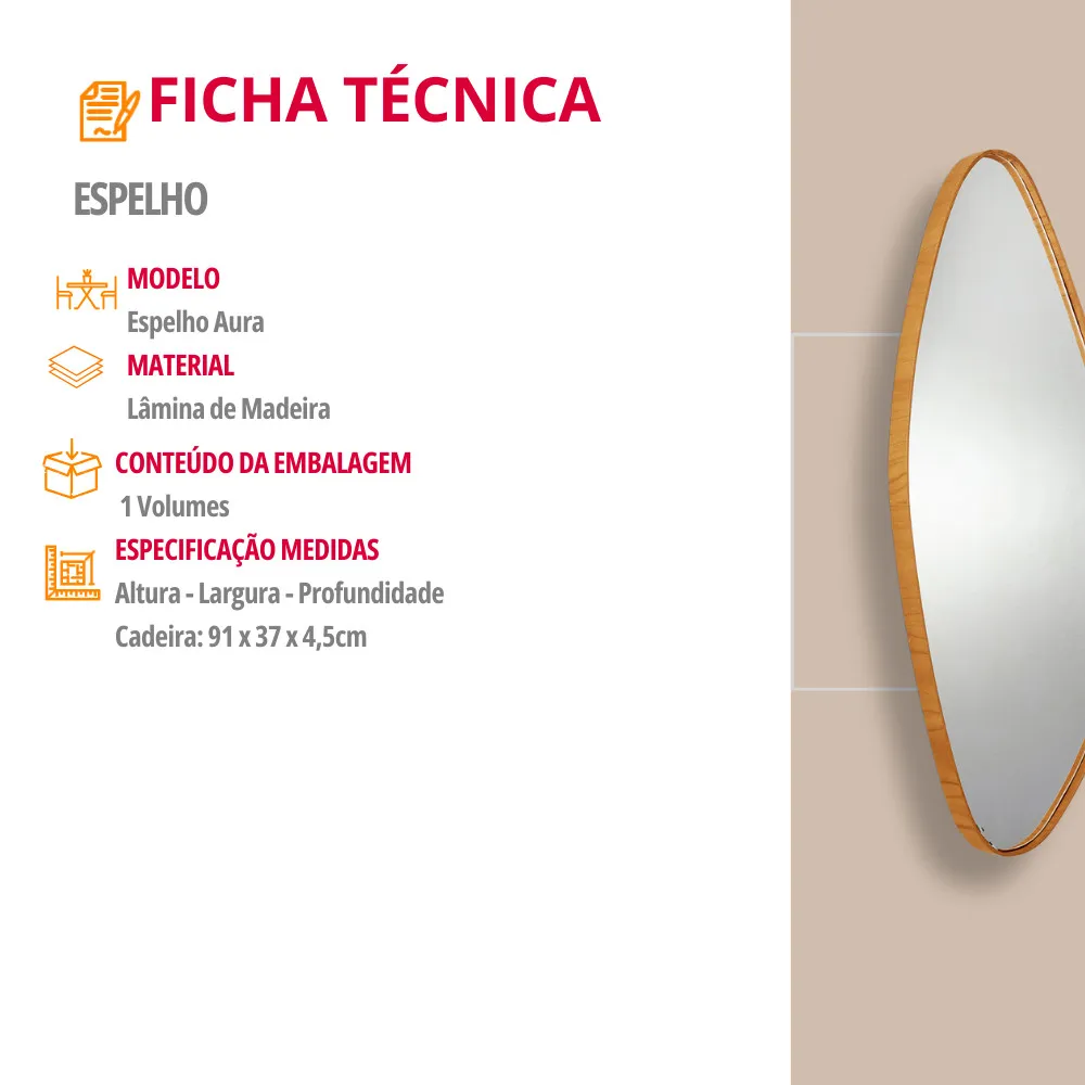 Espelho Decorativo Orgânico Aura 37x91cm Moderna Mobília - imagem 5