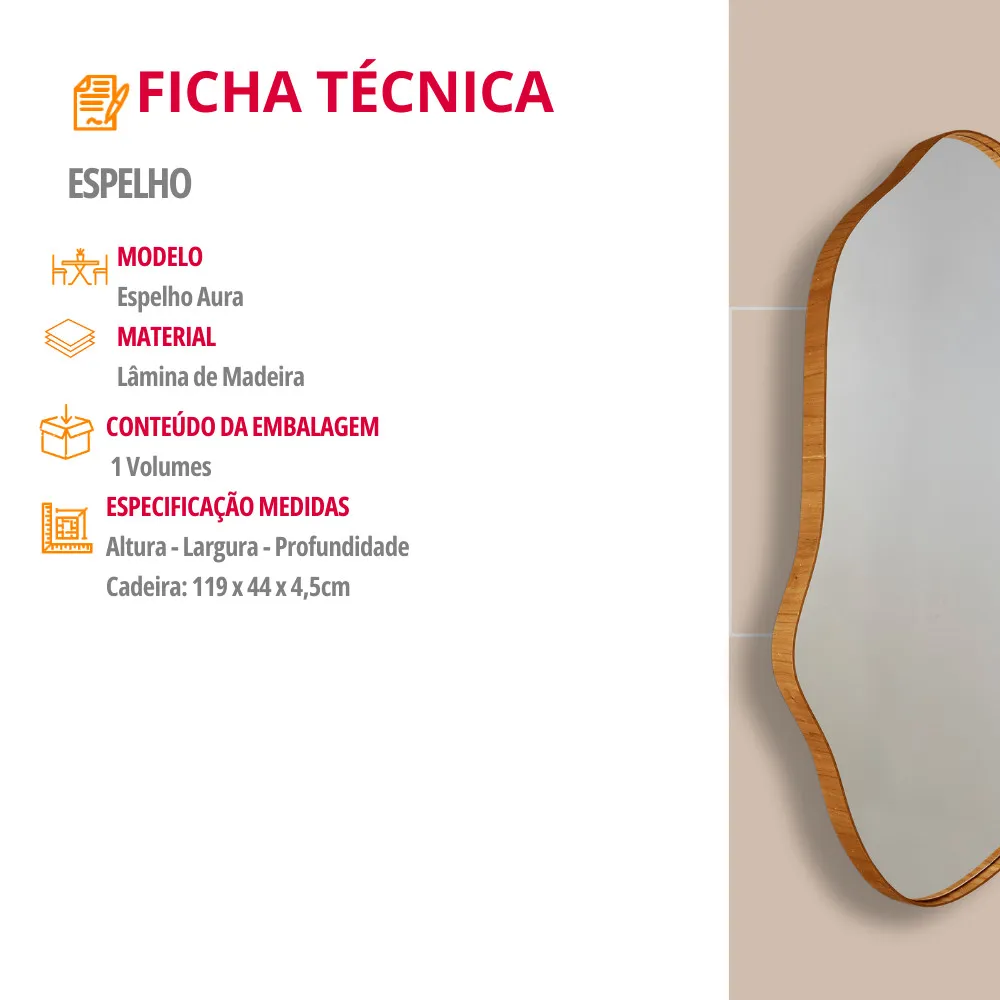 Espelho Decorativo Orgânico Aura 44x119cm Moderna Mobília - imagem 3
