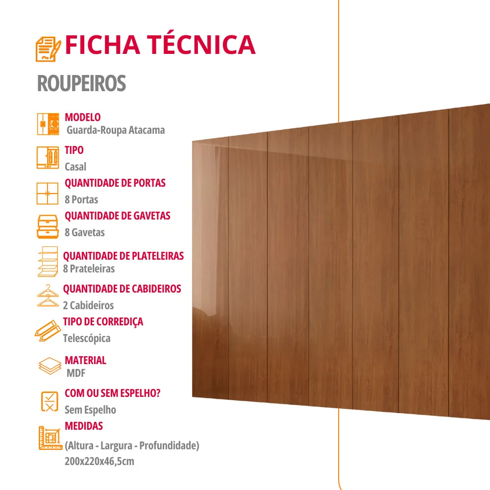 Guarda Roupa Casal Connor MDF 3 Portas 4 Gavetas 6 Prateleiras com Espelho e Pés Moderna Mobília - imagem 2