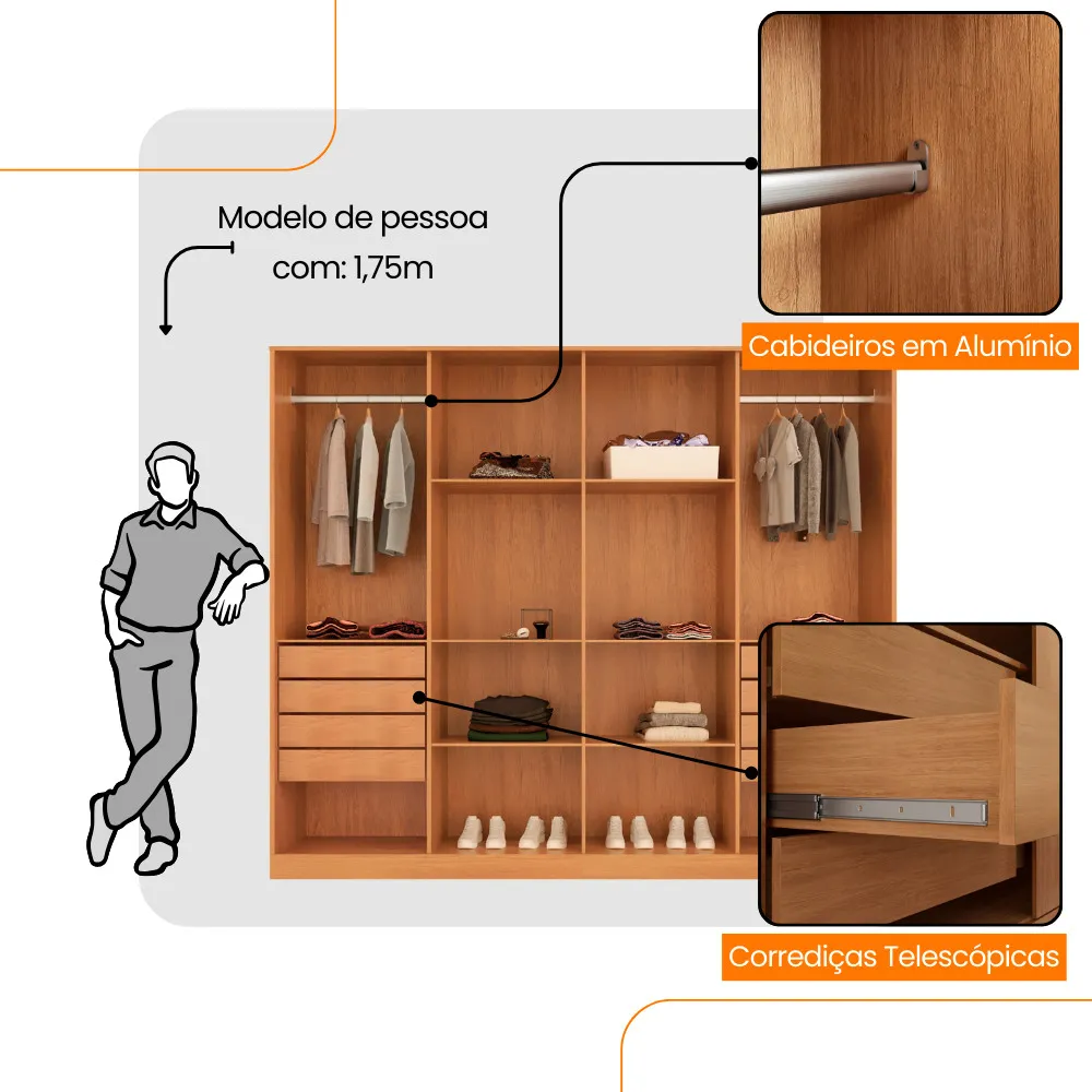 Guarda Roupa Casal Connor MDF 3 Portas 4 Gavetas 6 Prateleiras com Espelho e Pés Moderna Mobília - imagem 3
