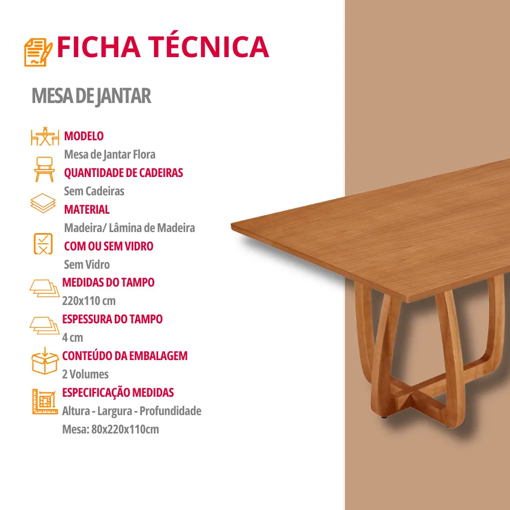 Mesa para Sala de Jantar Flora 220cm Tampo Canto Moeda Laminado - imagem 2