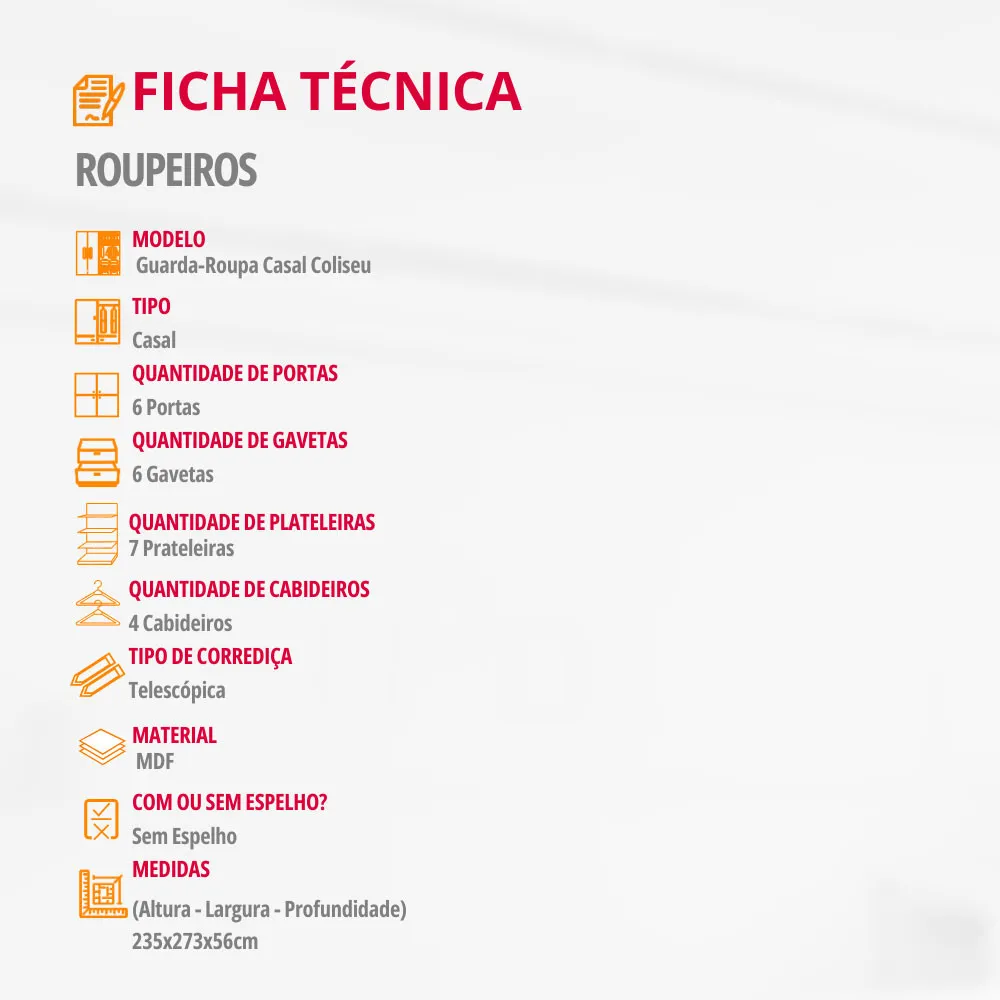 Guarda Roupa Casal Coliseu 100 MDF 6 Portas e 6 Gavetas Moderna Mobília - imagem 3