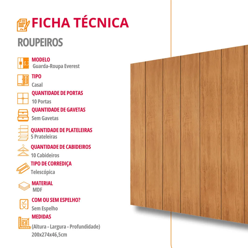 Guarda Roupa Casal Everest 100 MDF 10 Portas e 10 Cabideiros - imagem 3