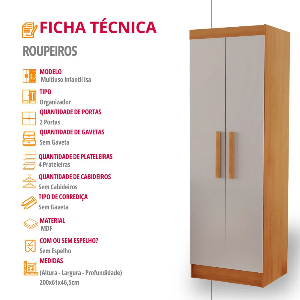 Multiuso Infantil Isa MDF 2 Portas e 4 Prateleiras Moderna Mobília - imagem 4